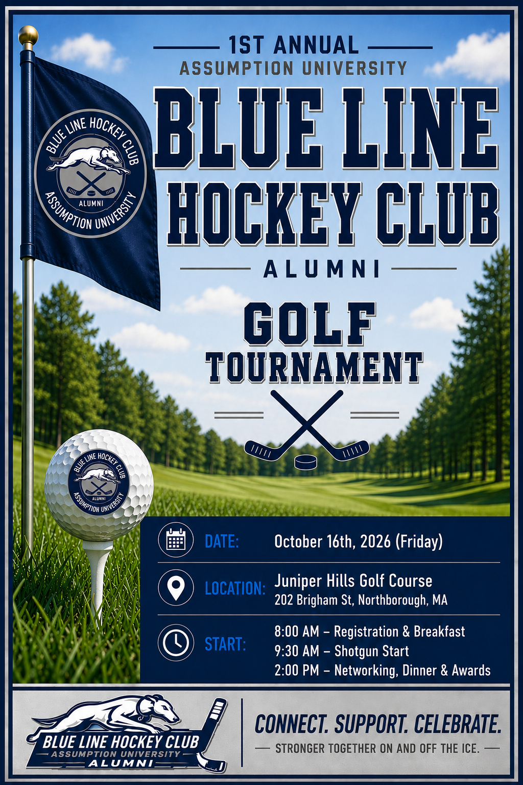Golf tournament flyer with the October 16, 2026 schedule and Juniper Hills Golf Course location